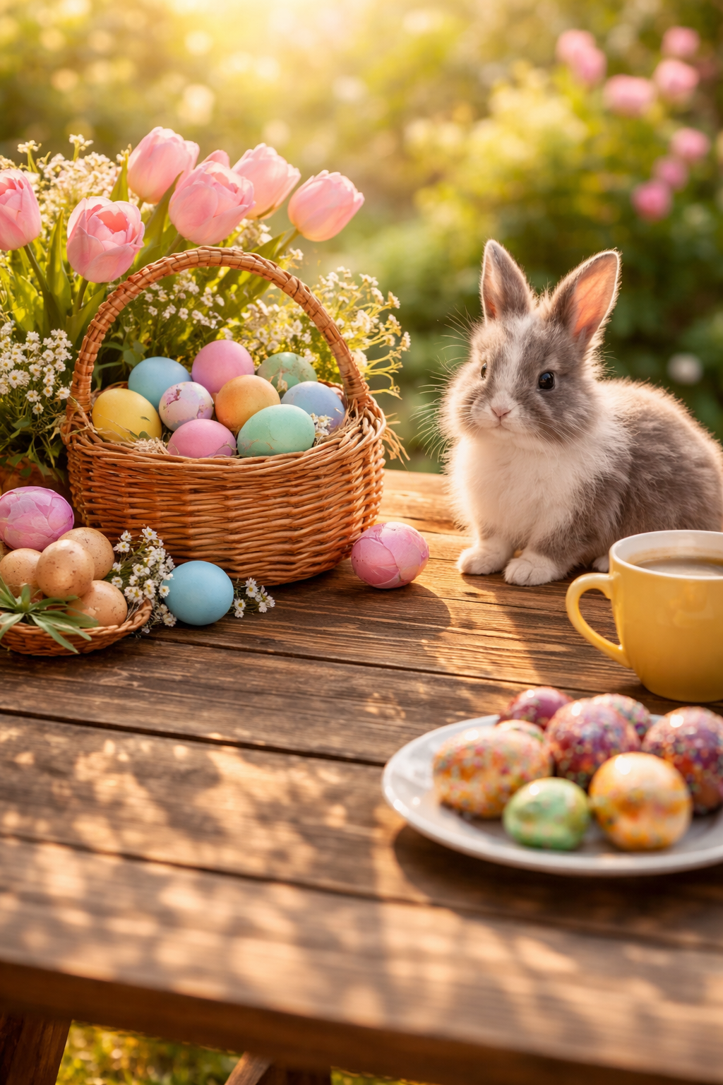 Fröhlicher Osterkorb mit bunten Ostereiern, Osterhase, Frühjahrsblumen und Kaffeetasse – perfektes Bild für Ostern bei abo-welt.ch